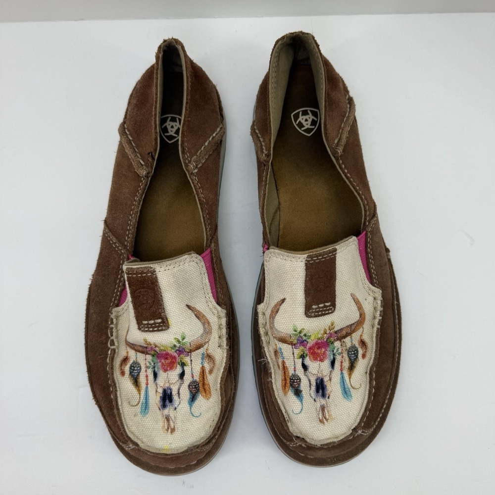 Ariat Cruisers Loafers Womens Size 9B Brown Floral Steer Design Suede Shoes - Picture 3 of 9